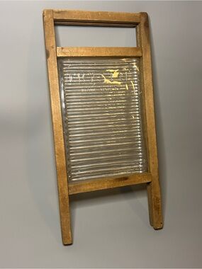 Vintage Primitive CRYSTAL Glass & Washboard Wood Made USA Rustic Folk Americana